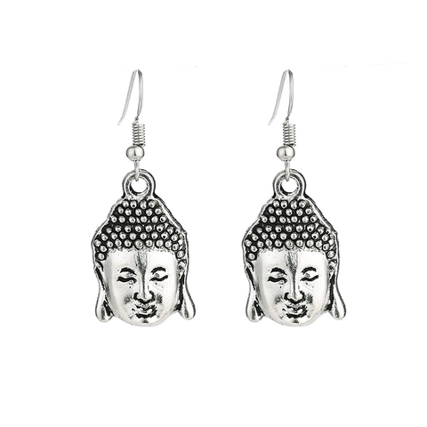 Vintage Alloy Buddha Head Pendant Necklace And Earrings Antique Silver Minimalist Jewelry For Women Gift Accessory