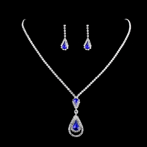 Silver Plated Alloy Rhinestone Waterdrop Jewelry Set For Women Red Blue Acrylic Necklace Earrings And Tiara Bridal Wedding Accessories