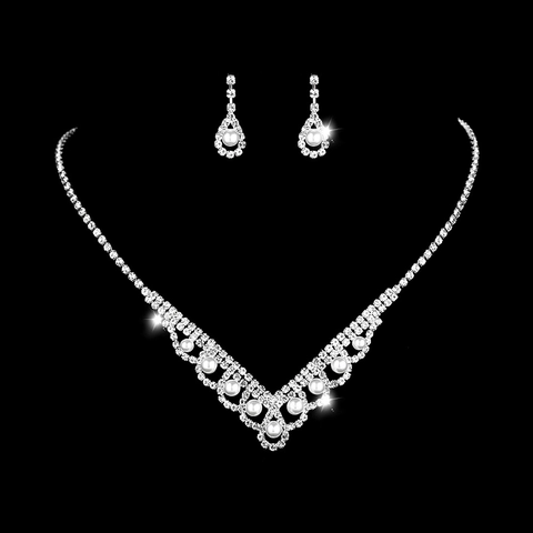 Bridal Artificial Pearl Rhinestone Necklace Dangle Earrings Copper Jewelry With Silver Plating For Wedding Party Women Accessories