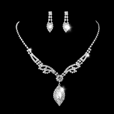 Silver Color Copper Rhinestone Jewelry Set For Women Elegant Marquise Cut Crystal Necklace Earrings Bracelet Wedding Party Banquet Jewelry