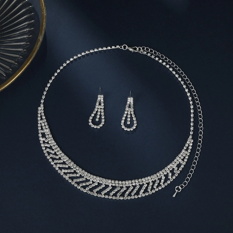 Elegant Silver Tone Rhinestone Geometric Necklace With Matching Drop Earrings For Women Wedding Party Formal Banquet Accessory