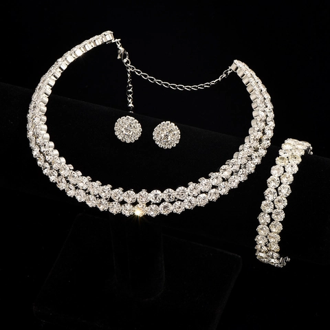 Luxuriöses Braut Strass Schmuckset Legierung Silber Halsreif Halskette Armband Ohrstecker 3-Teiliges Set Für Hochzeit Damen