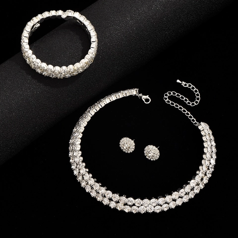 Luxuriöses Braut Strass Schmuckset Legierung Silber Halsreif Halskette Armband Ohrstecker 3-Teiliges Set Für Hochzeit Damen