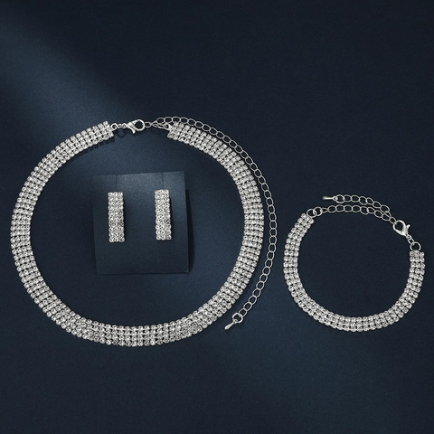 Elegante Collana in Lega con Strass per Sposa Orecchini Bracciale per Donna Matrimonio Festa Accessori in Argento Galvanizzato