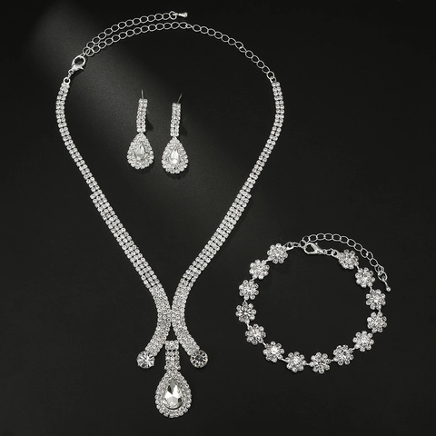 Western Style Bridal Rhinestone Jewelry For Women Teardrop Pendant Necklace Earrings Bracelet For Wedding Party Prom Accessories