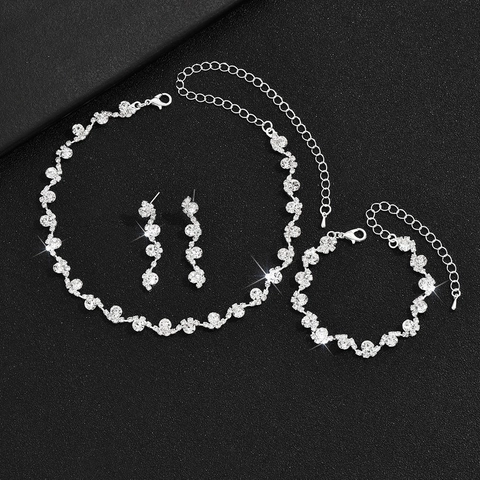 Elegant Bridal Alloy Rhinestone Jewelry Set Wave Pattern Necklace Earrings Bracelet For Wedding Banquet Party Women Jewelry