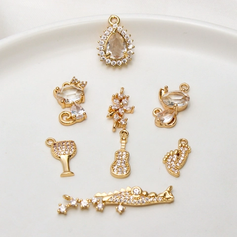 Zirconia Ingelegde Koperen Mini Charms Hanger Voor DIY Sieraden Maken Kat Wijnglas Waterdruppel Gitaar Charms