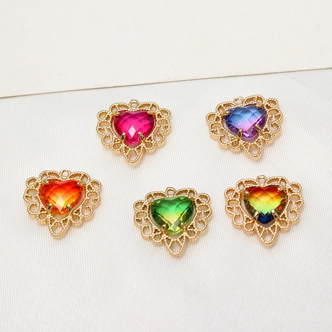 Vintage Heart Copper Lace Edge Rhinestone Pendant DIY Jewelry Accessories For Earrings Necklace Making Gradient Charm