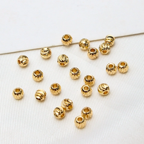 18K Gold Plated Copper Round Spacer Beads Smooth And Patterned Metal Loose Beads For DIY Handmade Jewelry Making Accessory