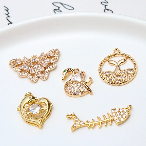 Copper Gold Plated Rhinestone Pendants DIY Jewelry Accessories Butterfly Swan Dolphin Fishbone Whale Tail Charms For Necklace