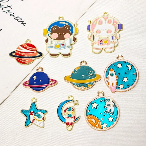 Cartoon Astronaut Space Enamel Alloy Charms DIY Planet Rocket Starry Sky Series Pendants For Jewelry Making Bracelet
