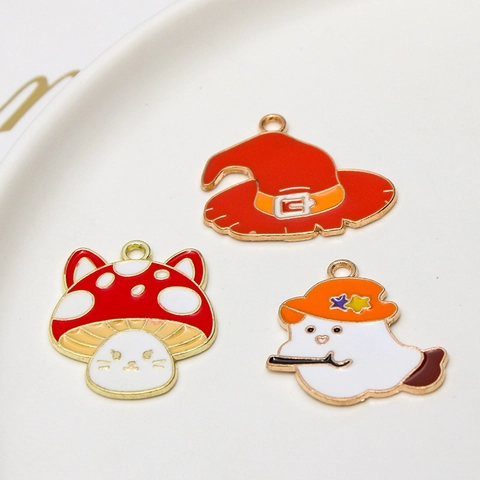Alloy Enamel Halloween Charms Witch Hat Ghost Mushroom Broom Girl Pendant For DIY Jewelry Making Bracelet Accessories