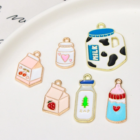 Cartoon Cute Enamel Milk Box Bottle Charms Zinc Alloy Gold Plated Strawberry Cherry Pendants For DIY Jewelry Making Accessories