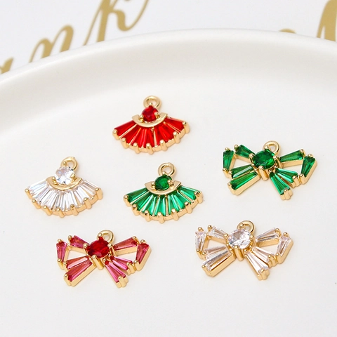Copper Inlaid Rhinestone Bowknot Fan Shaped Charms For DIY Necklace Bracelet Earring Jewelry Making Accessories Pendants