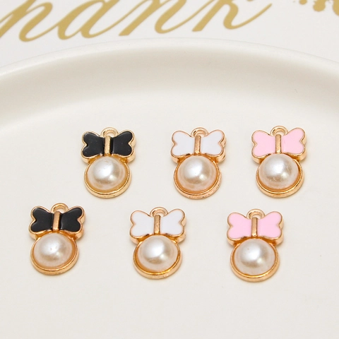 Alloy Bow-knot Artificial Pearl Pendants For DIY Jewelry Making Necklaces Earrings Drip Oil Enamel Small Charms Accessories
