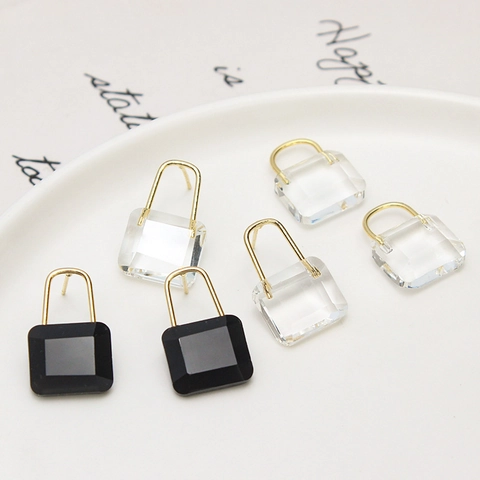 Vintage Lock Shape Copper Glass Stud Earrings For Women Transparent Geometric Pendant Only Without Chain Jewelry Accessories