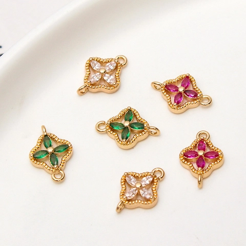 Copper Rhinestone Four-Leaf Flower Connector Charm DIY Jewelry Accessories Sweet Floral Electroplated Tassel Pendant For Bracelet Earrings