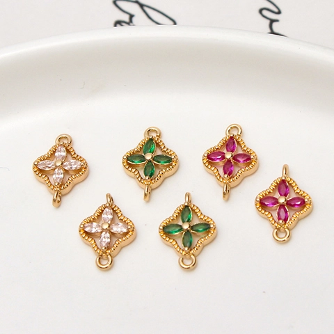 Copper Rhinestone Four-Leaf Flower Connector Charm DIY Jewelry Accessories Sweet Floral Electroplated Tassel Pendant For Bracelet Earrings