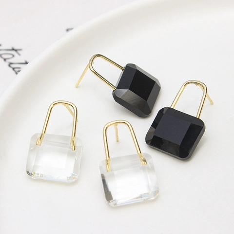 Vintage Lock Shape Copper Glass Stud Earrings For Women Transparent Geometric Pendant Only Without Chain Jewelry Accessories