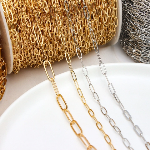 Real Gold Plated Copper Paperclip Chain 1 Meter Rectangular Flat O Link Bulk DIY Metal Chain For Jewelry Making Accessory