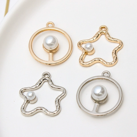 Alloy Imitation Artificial Pearl Cat Moon Star Round Frame Pendants For DIY Jewelry Making Findings Accessories Gold Silver Plated
