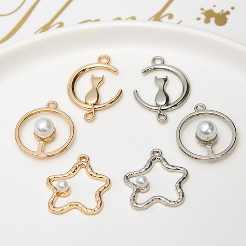 Alloy Imitation Artificial Pearl Cat Moon Star Round Frame Pendants For DIY Jewelry Making Findings Accessories Gold Silver Plated