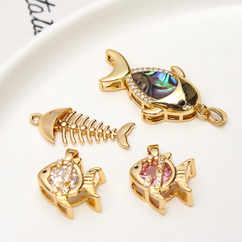 Copper Gold Plated Zircon Abalone Shell Fish Bone Pendant Charms For DIY Jewelry Making Necklace Earring Accessories