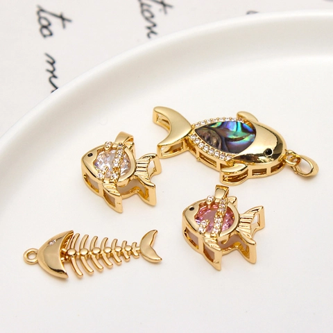 Copper Gold Plated Zircon Abalone Shell Fish Bone Pendant Charms For DIY Jewelry Making Necklace Earring Accessories