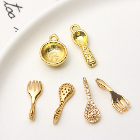 Copper Gold Plated DIY Pendant Charms Fortune Character Bowl Spoon Fork Rake Yuanbao Shell Rhinestone Pendants For Jewelry Making