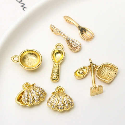 Copper Gold Plated DIY Pendant Charms Fortune Character Bowl Spoon Fork Rake Yuanbao Shell Rhinestone Pendants For Jewelry Making