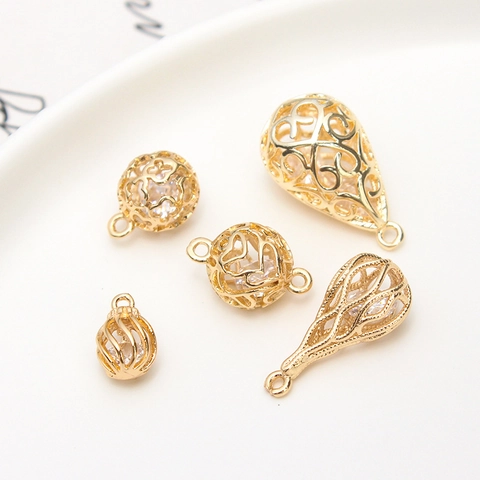 Copper Hollow Flower Pattern Ball Water Drop Pendant DIY Jewelry Accessories Rhinestone Inlaid Necklace Earring Component
