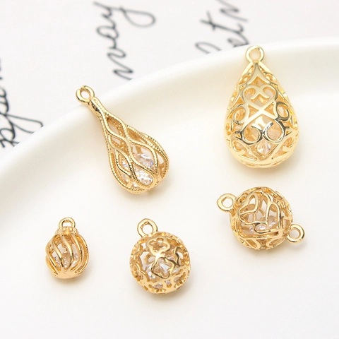 Copper Hollow Flower Pattern Ball Water Drop Pendant DIY Jewelry Accessories Rhinestone Inlaid Necklace Earring Component