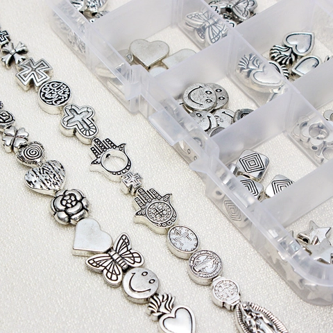 Perles en Alliage Vintage Argent Antique Breloques pour Création de Bijoux DIY Cœur Croix Papillon Fleur Main de Fatma Perles d'Espacement pour Bracelets Collier
