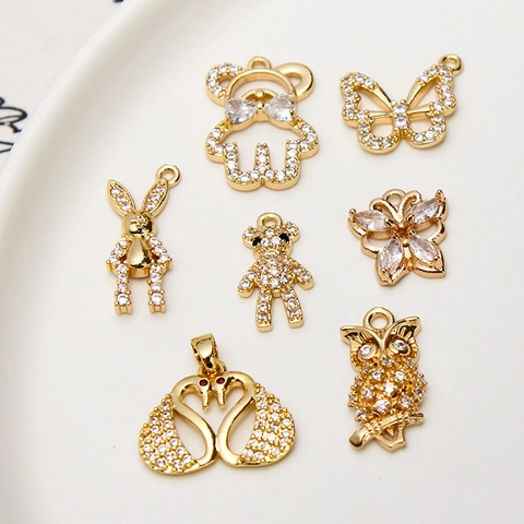 DIY Copper Pave Rhinestone Cartoon Animal Pendants For Jewelry Making Rabbit Bear Butterfly Swan Owl Charms Pendant Only