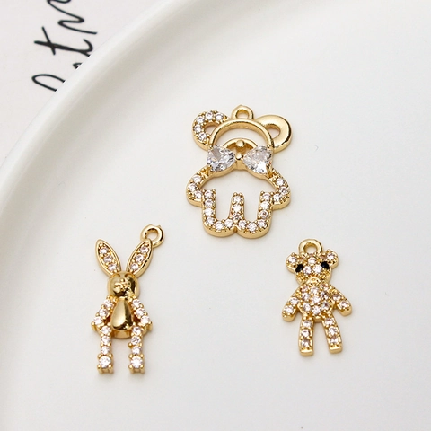 DIY Copper Pave Rhinestone Cartoon Animal Pendants For Jewelry Making Rabbit Bear Butterfly Swan Owl Charms Pendant Only