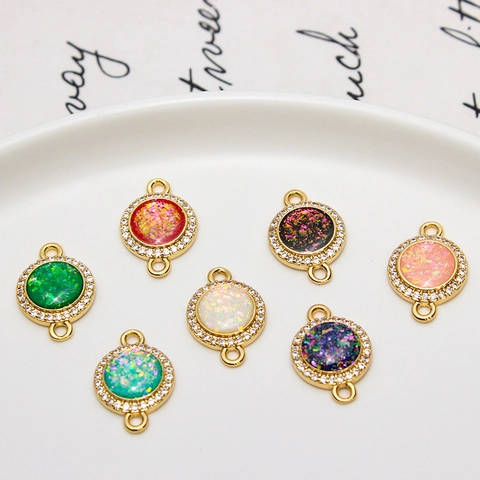 Round Gold Plated Copper Zirconia Synthetic Opal Connector Pendants For DIY Earring Necklace Bracelet Jewelry Making Materials