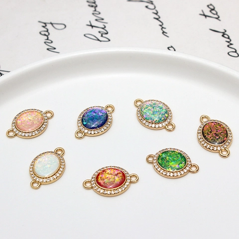 Connecteurs de Charmes Ovales en Cuivre Plaqué Or Avec Opale Artificielle et Zirconia Incrusté Double Boucle Bijoux DIY