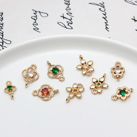 Vintage Copper Zirconia Hollow Flower Jewelry Connectors Gold Plated Double Ring Floral Pendants DIY Bracelet Making Findings