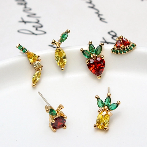 Pendientes de Botón de Fruta Linda de Cobre Con Circonia Incrustada y Poste de Plata de Ley 925 Para Mujer Joyería