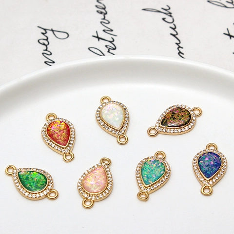 Copper Gold Plated Rhinestone Inlaid Waterdrop Synthetic Opal Pendant Double Loop Connector For DIY Jewelry Making Accessories