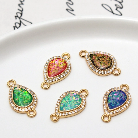 Copper Gold Plated Rhinestone Inlaid Waterdrop Synthetic Opal Pendant Double Loop Connector For DIY Jewelry Making Accessories