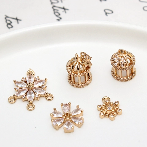 Koperen Zirkonia Geometrische Bloem Vogelkooi Sneeuwvlok Hangers DIY Sieraden Oorbellen Ketting Maken Accessoires LF2557