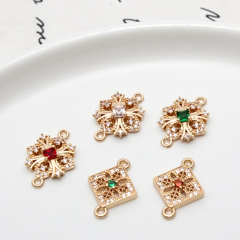 Retro Copper Hollow Flower Rhombus Square Zirconia Pendants For DIY Jewelry Making Earrings Bracelets Accessories For Women