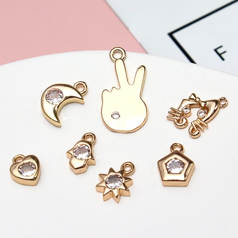 DIY Copper Zirconia Pendants Heart Moon Star Cat Hamsa Hand Geometric Charms For Necklace Bracelet Jewelry Making Findings