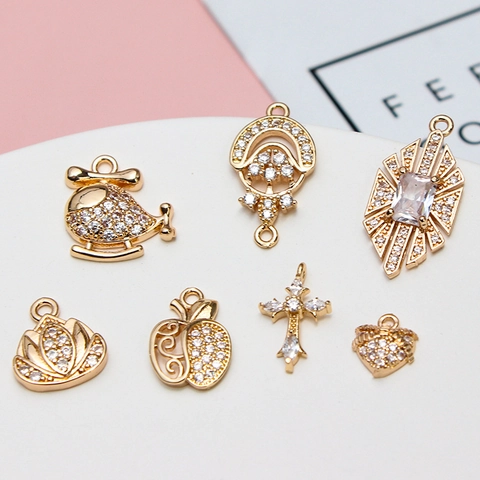 Zirconia Copper Pendants Helicopter Heart Cross Apple Lotus Shape Gold Plated DIY Jewelry Making Charms For Necklace Bracelet