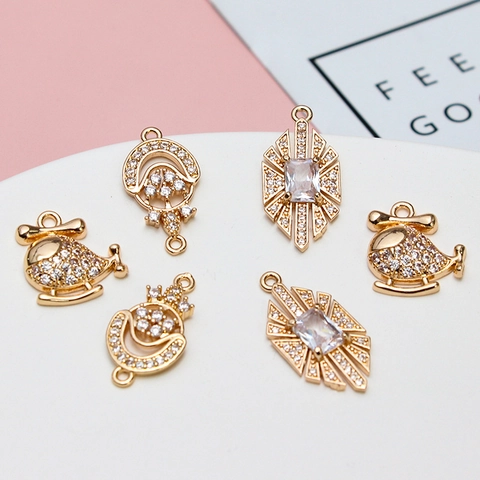 Zirconia Copper Pendants Helicopter Heart Cross Apple Lotus Shape Gold Plated DIY Jewelry Making Charms For Necklace Bracelet