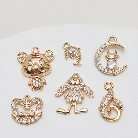 Vergoldete Kupfer Zirkonia Anhänger Tiger Hase Delfin Vogel Kaktus Schwan Pendants Für DIY Schmuckherstellung Zubehör