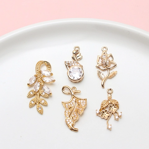 Zirconia Copper Floral Leaf Angel Pendants DIY Jewelry Making Accessories Gold Rose Flower Fan Shape Charms For Necklace