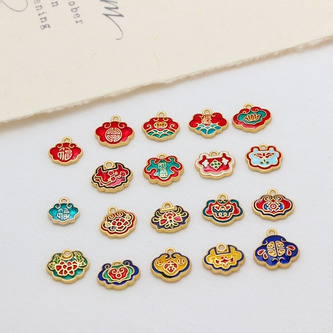 Vintage Copper Sand Gold Ruyi Lock Pendant Enamel Fortune Character Long Life Lock DIY Jewelry Making Supplies For Bracelet Necklace