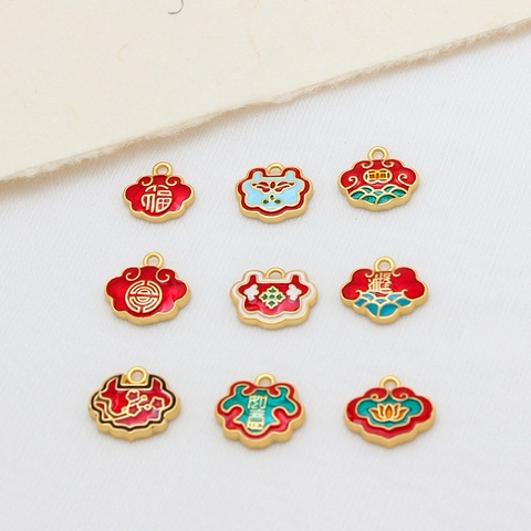 Vintage Copper Sand Gold Ruyi Lock Pendant Enamel Fortune Character Long Life Lock DIY Jewelry Making Supplies For Bracelet Necklace